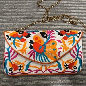 Lamani San Francisco Hand Embroidered Bird Envelope Clutch w/ Chain